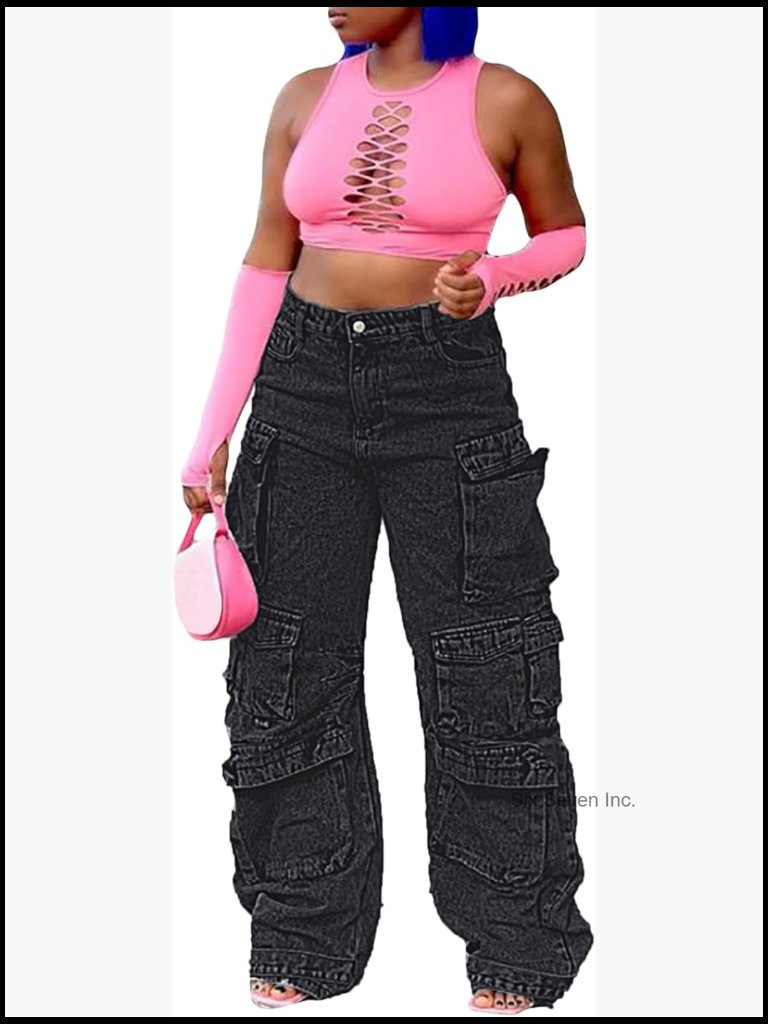 Y2k Baggy Straight Wide Leg Cargo Jeans High Waisted Streetwear Denim